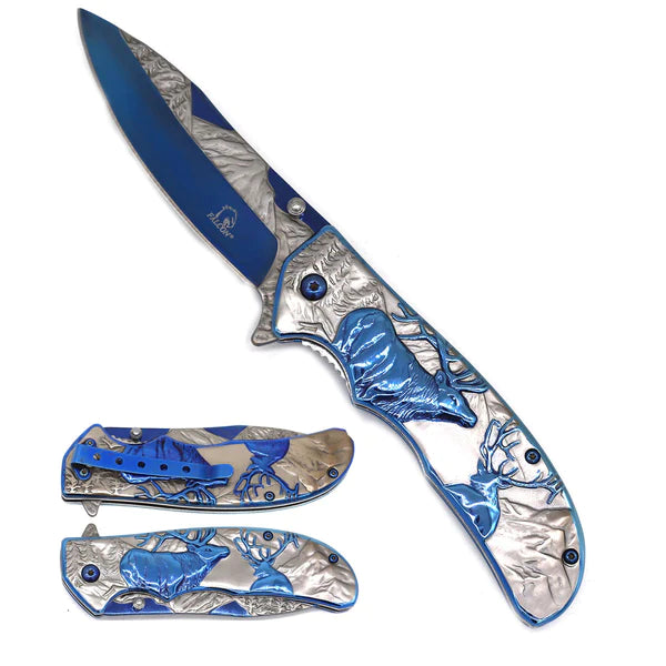 8 1/2" Spring Assisted Pocket Knife w Silver/Blue Deer Design - KS3007BL