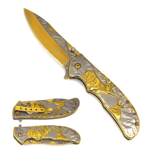 8 1/2" Spring Assisted Pocket Knife w Silver/Gold Deer Design - KS3007GD
