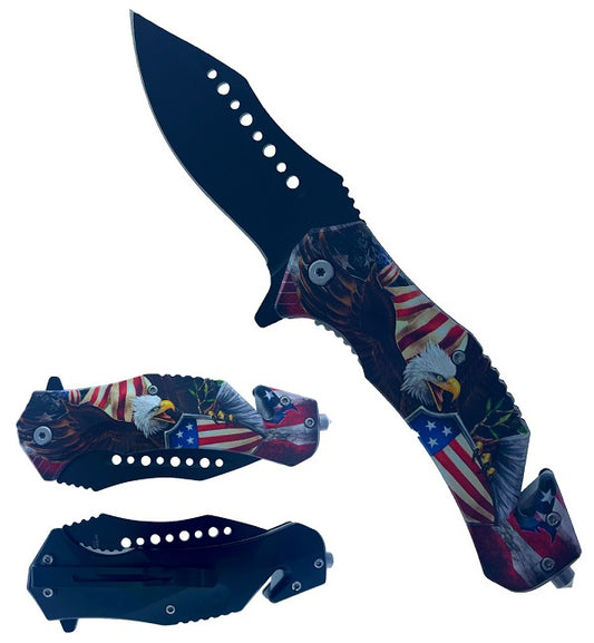 7.75" Spring Assisted Knife ABS Inlaid US Flag & Eagle 3D Printing Handle - KS30124US-2