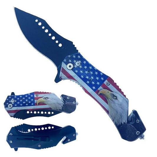 7.75" Spring Assisted Knife ABS Inlaid US Flag & Eagle 3D Printing Handle - KS30124US-4