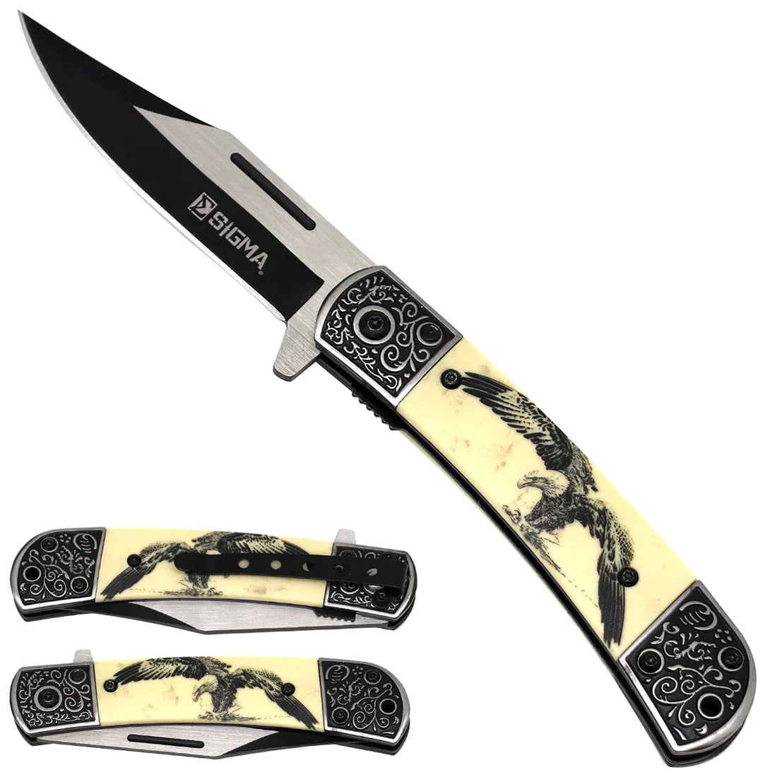 8.25" Two Tone Blade Eagle Design Handle Ball Bearing Folding Pocket Knife - KS3062EG