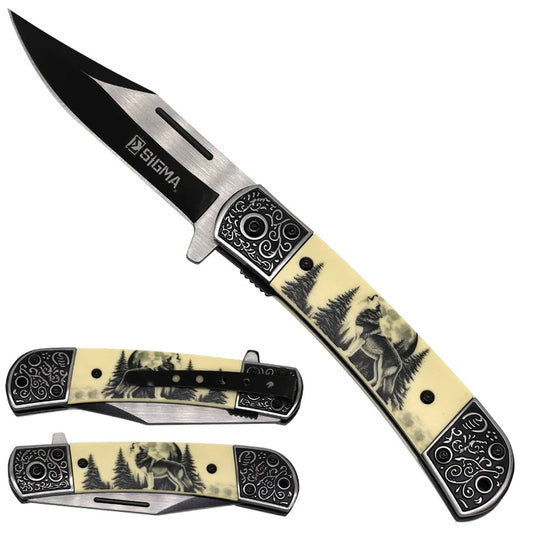 8.25" Two Tone Blade Wolf Design Handle Ball Bearing Folding Pocket Knife - KS3062WF