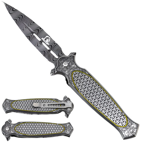 8 1/2" Falcon Spring Assisted Pocket Knife with Damascus Patterns Design - KS3097-2