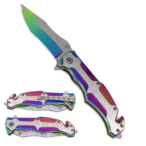 8" Silver & Rainbow Spring Assisted Pocket Knife - KS3109RB
