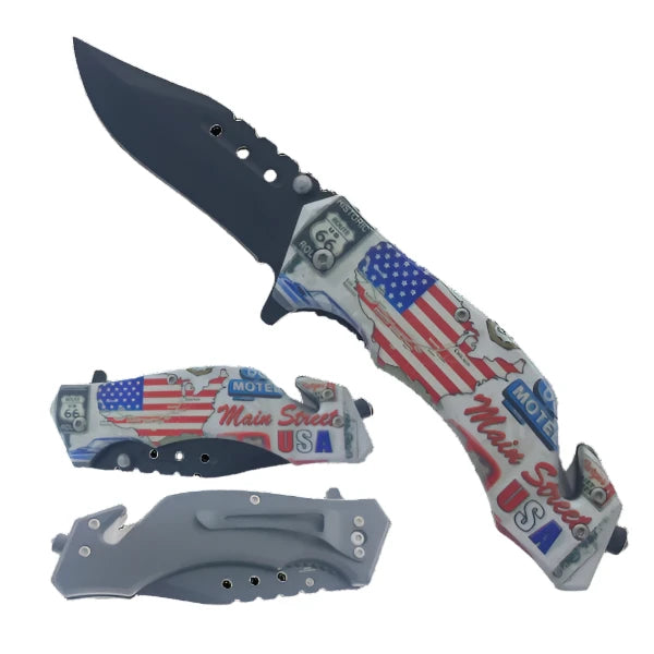 Falcon 7.75" Route 66 US Flag Spring Assisted Pocket Knife w/Seatbelt cutter and Glass Breaker - KS31309-1