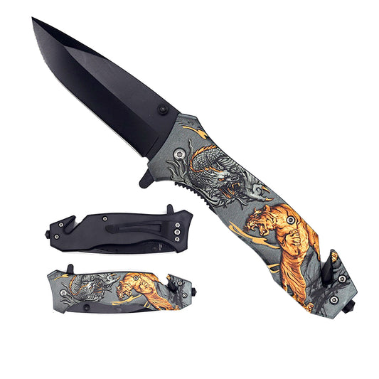 8" Spring Assisted Knife Dragon Fighting Tiger Print on Handle - KS31325-12