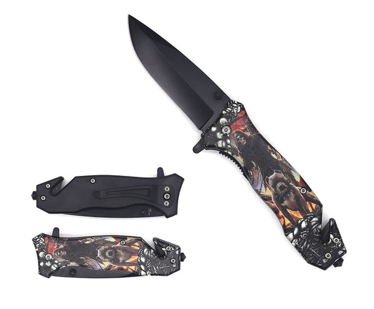 8" Spring Assisted Knife Skull Print on Handle - KS31325-4