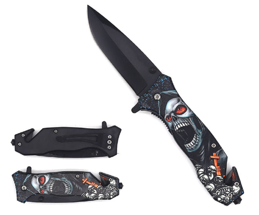 8" Spring Assisted Knife Skull Print on Handle - KS31325-8