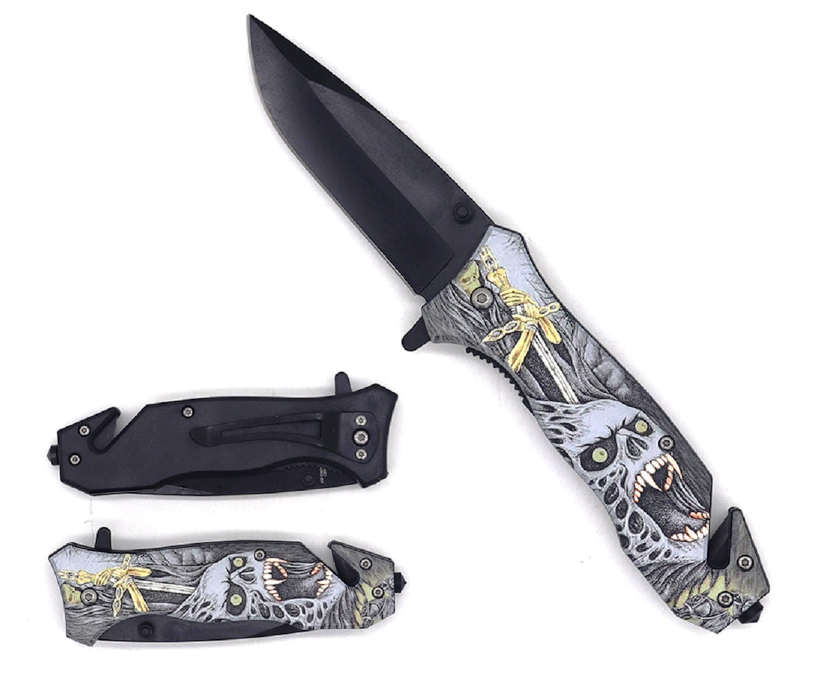 8" Spring Assisted Knife Skull Print on Handle - KS31325-9