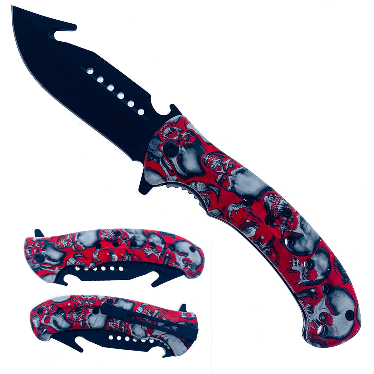 8.5" Spring assisted Knife With Red Color Skull - KS31357RS