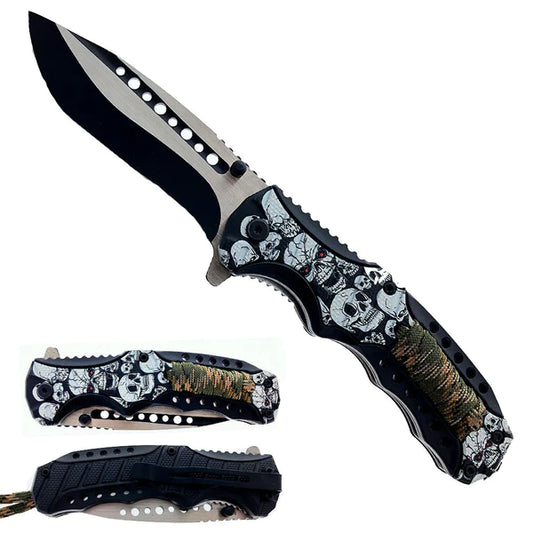 Falcon 8" Spring Assisted Knife Skulls Handle w/ paracord - KS32185BSK