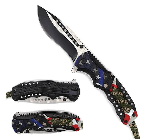 Falcon 8" Spring Assisted Knife US Flag Handle w/ paracord - KS32185UF