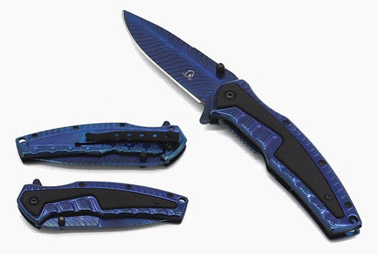 Falcon 8.5" Blue Spring Assisted Pocket Knife Engraved Blade - KS3303BL
