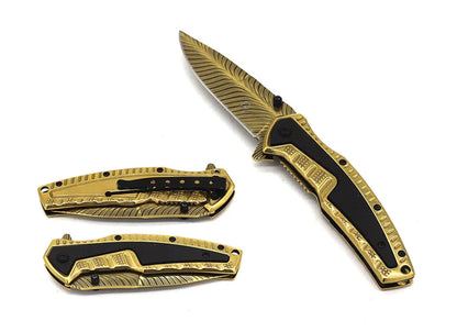 Falcon 8.5" Gold Spring Assisted Pocket Knife Engraved Blade - KS3303GD