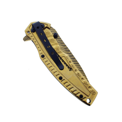 Falcon 8.5" Gold Spring Assisted Pocket Knife Engraved Blade - KS3303GD