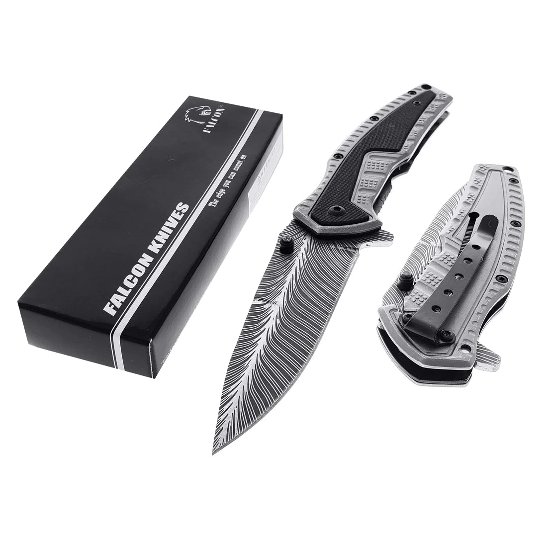 Falcon 8.5" Gray Spring Assisted Pocket Knife Engraved Blade - KS3303GY