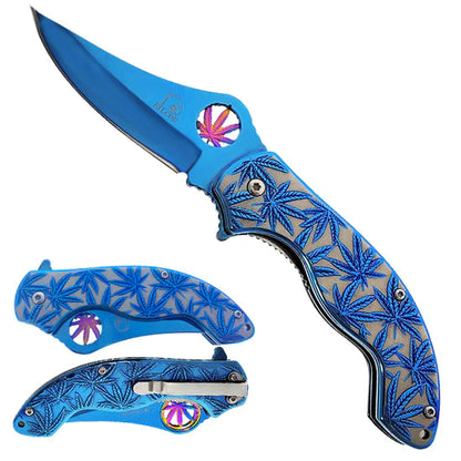 Falcon 7.5" Spring Assisted Knife w/ Blue ABS Marijuana Design - KS3601BL