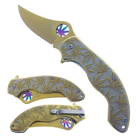 Falcon 7.5" Spring Assisted Knife w/ Gold ABS Marijuana Design - KS3601GD