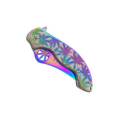 Falcon 7.5" Spring Assisted Knife w/ Rainbow ABS Marijuana Design - KS3601RB