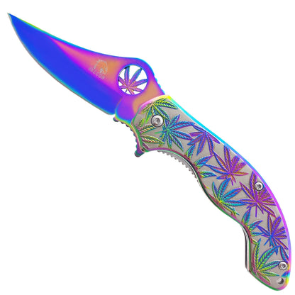 Falcon 7.5" Spring Assisted Knife w/ Rainbow ABS Marijuana Design - KS3601RB