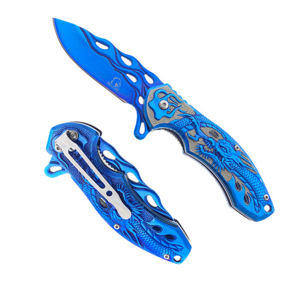 Falcon 8" Blue Spring Assisted Pocket Knife w/ABS 3D Dragon Flame Blade - KS3603BL