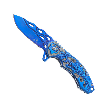 Falcon 8" Blue Spring Assisted Pocket Knife w/ABS 3D Dragon Flame Blade - KS3603BL