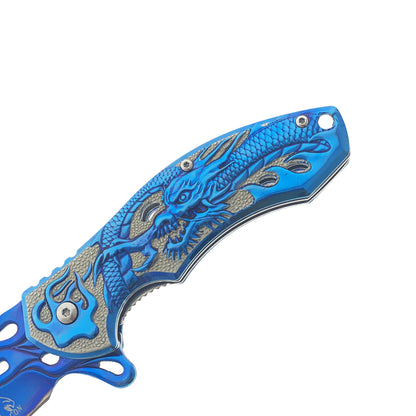 Falcon 8" Blue Spring Assisted Pocket Knife w/ABS 3D Dragon Flame Blade - KS3603BL