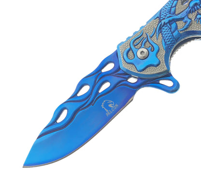 Falcon 8" Blue Spring Assisted Pocket Knife w/ABS 3D Dragon Flame Blade - KS3603BL