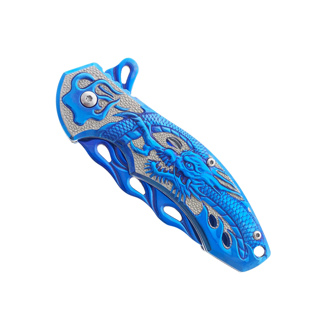 Falcon 8" Blue Spring Assisted Pocket Knife w/ABS 3D Dragon Flame Blade - KS3603BL