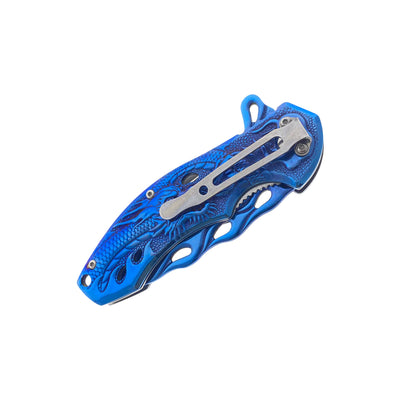 Falcon 8" Blue Spring Assisted Pocket Knife w/ABS 3D Dragon Flame Blade - KS3603BL