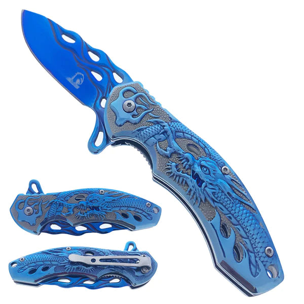 Falcon 8" Blue Spring Assisted Pocket Knife w/ABS 3D Dragon Flame Blade - KS3603BL