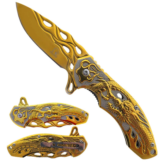 Falcon Gold 8" Spring Assisted Pocket Knife w/ABS 3D Dragon Flame Blade - KS3603GD