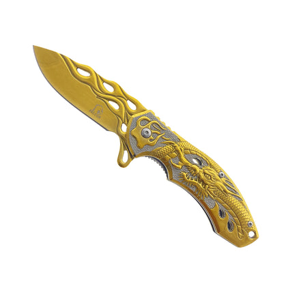 Falcon Gold 8" Spring Assisted Pocket Knife w/ABS 3D Dragon Flame Blade - KS3603GD