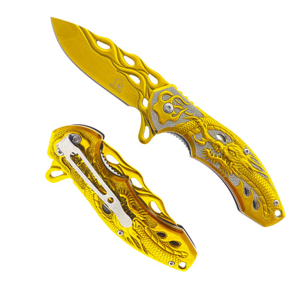 Falcon Gold 8" Spring Assisted Pocket Knife w/ABS 3D Dragon Flame Blade - KS3603GD