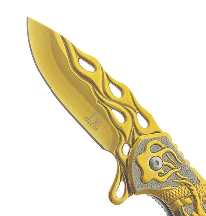 Falcon Gold 8" Spring Assisted Pocket Knife w/ABS 3D Dragon Flame Blade - KS3603GD