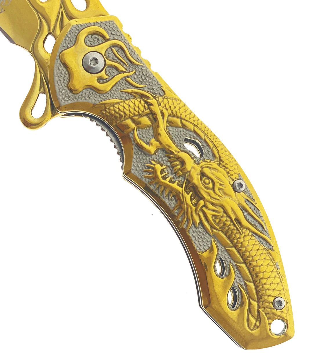 Falcon Gold 8" Spring Assisted Pocket Knife w/ABS 3D Dragon Flame Blade - KS3603GD