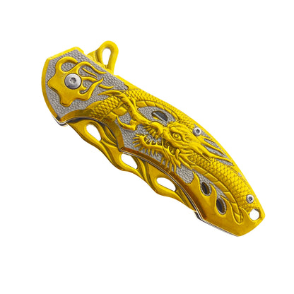 Falcon Gold 8" Spring Assisted Pocket Knife w/ABS 3D Dragon Flame Blade - KS3603GD