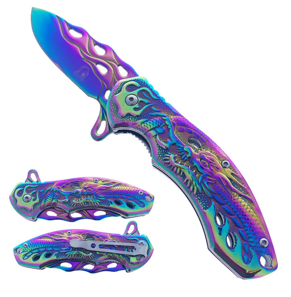 Falcon Rainbow 8" Spring Assisted Pocket Knife w/ABS 3D Dragon Flame Blade - KS3603RB