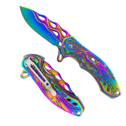 Falcon Rainbow 8" Spring Assisted Pocket Knife w/ABS 3D Dragon Flame Blade - KS3603RB