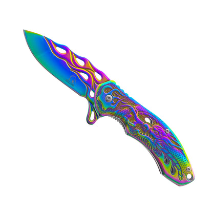 Falcon Rainbow 8" Spring Assisted Pocket Knife w/ABS 3D Dragon Flame Blade - KS3603RB