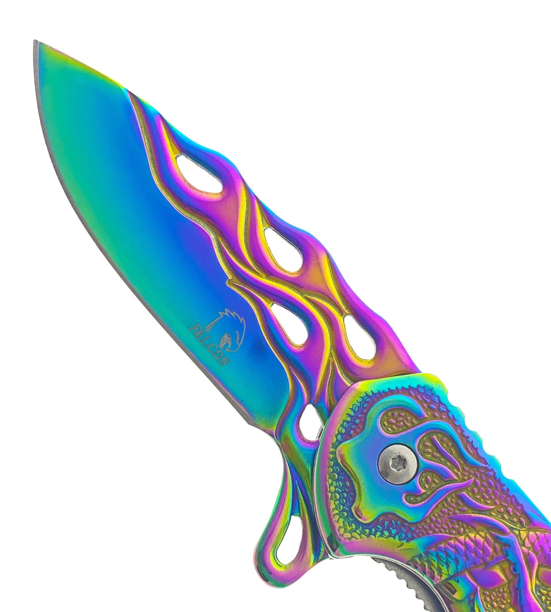 Falcon Rainbow 8" Spring Assisted Pocket Knife w/ABS 3D Dragon Flame Blade - KS3603RB