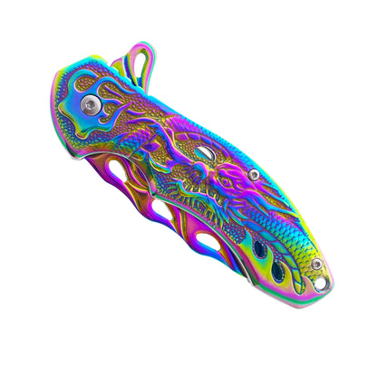 Falcon Rainbow 8" Spring Assisted Pocket Knife w/ABS 3D Dragon Flame Blade - KS3603RB