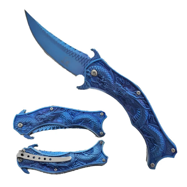 Falcon 8" Spring Assisted Knife W/ Blue Dragon Handle - KS3604BL