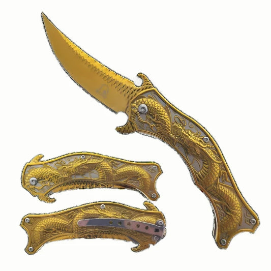 Falcon 8" Spring Assisted Knife W/ Gold Dragon Handle - KS3604GD