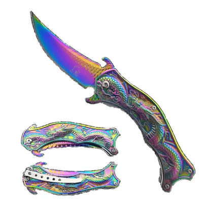 Falcon 8" Spring Assisted Knife W/ Rainbow Dragon Handle - KS3604RB