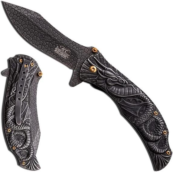 Falcon 8.5" Black Spring Assisted Pocket Knife w/ Dragon Scales Blade - KS3608BK