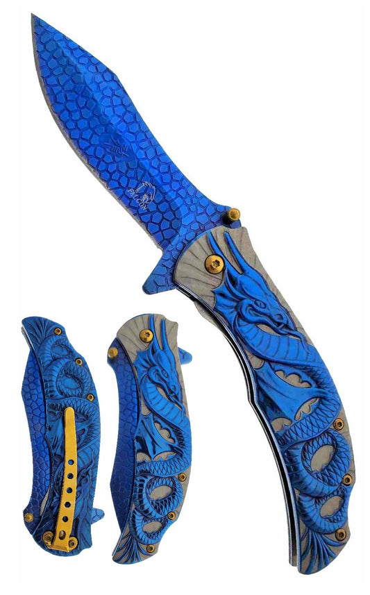 Falcon 8.5" Blue Spring Assisted Pocket Knife w/ Dragon Scales Blade - KS3608BL