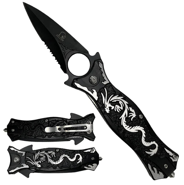 Falcon 7.75" Black Spring Assisted Knife w/Belt Clip ABS 3D Silver Dragon - KS36101BK