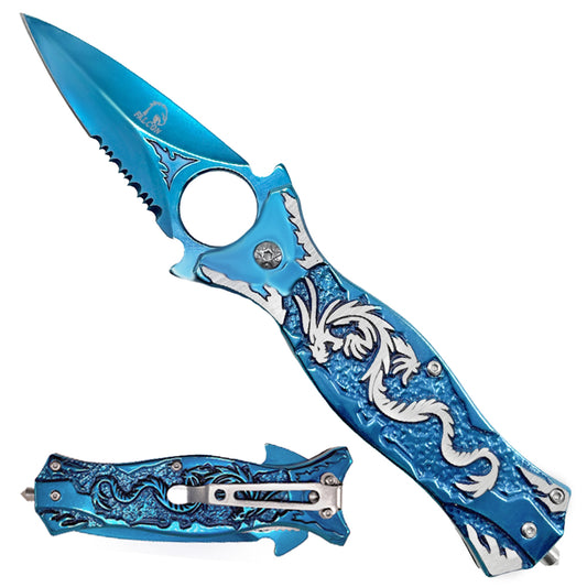 Falcon 7.75" Blue Spring Assisted Knife w/Belt Clip ABS 3D Silver Dragon - KS36101BL