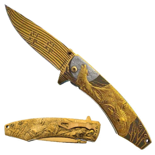 7.75" Gold Spring Assisted Knife w/Gold Wolf - KS3611GD